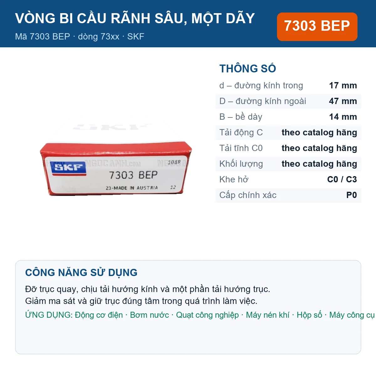 Vòng bi SKF 7303 BEP — kích thước 17x47x14mm