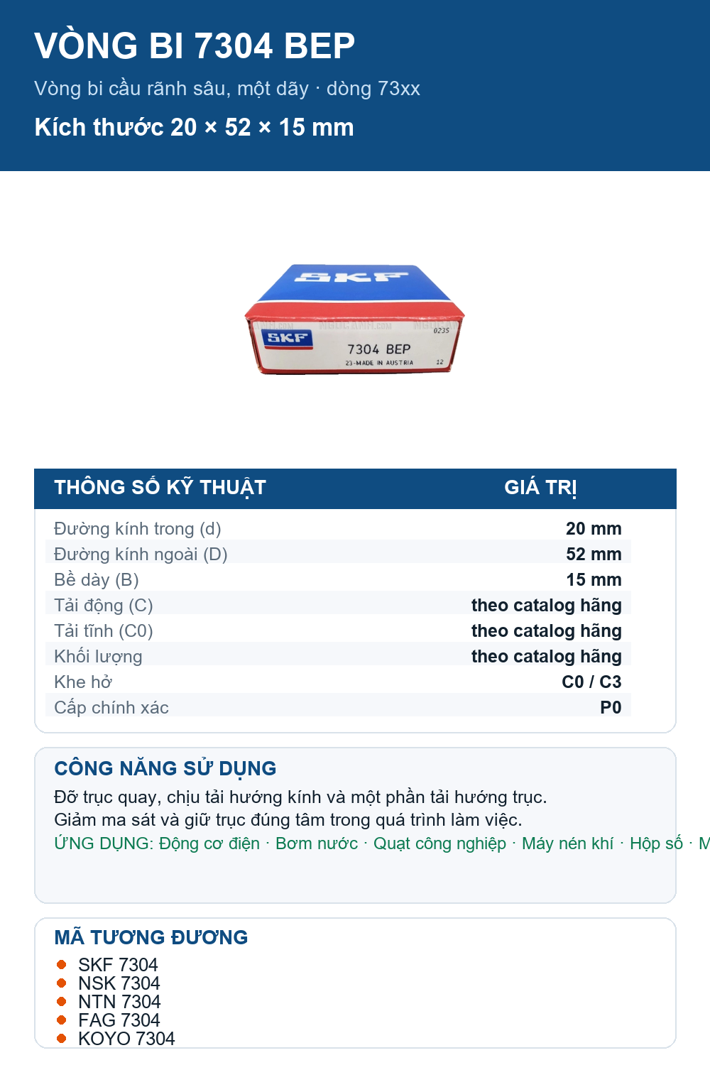 Vòng bi SKF 7304 BEP 20x52x15mm — Ảnh thông số (Pinterest)