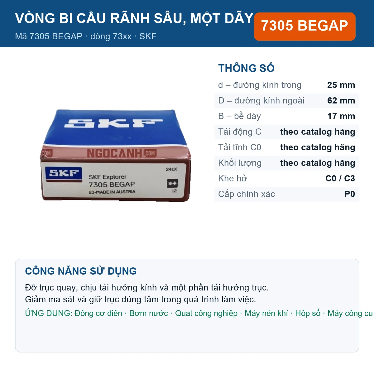 Vòng bi SKF 7305 BEGAP — kích thước 25x62x17mm