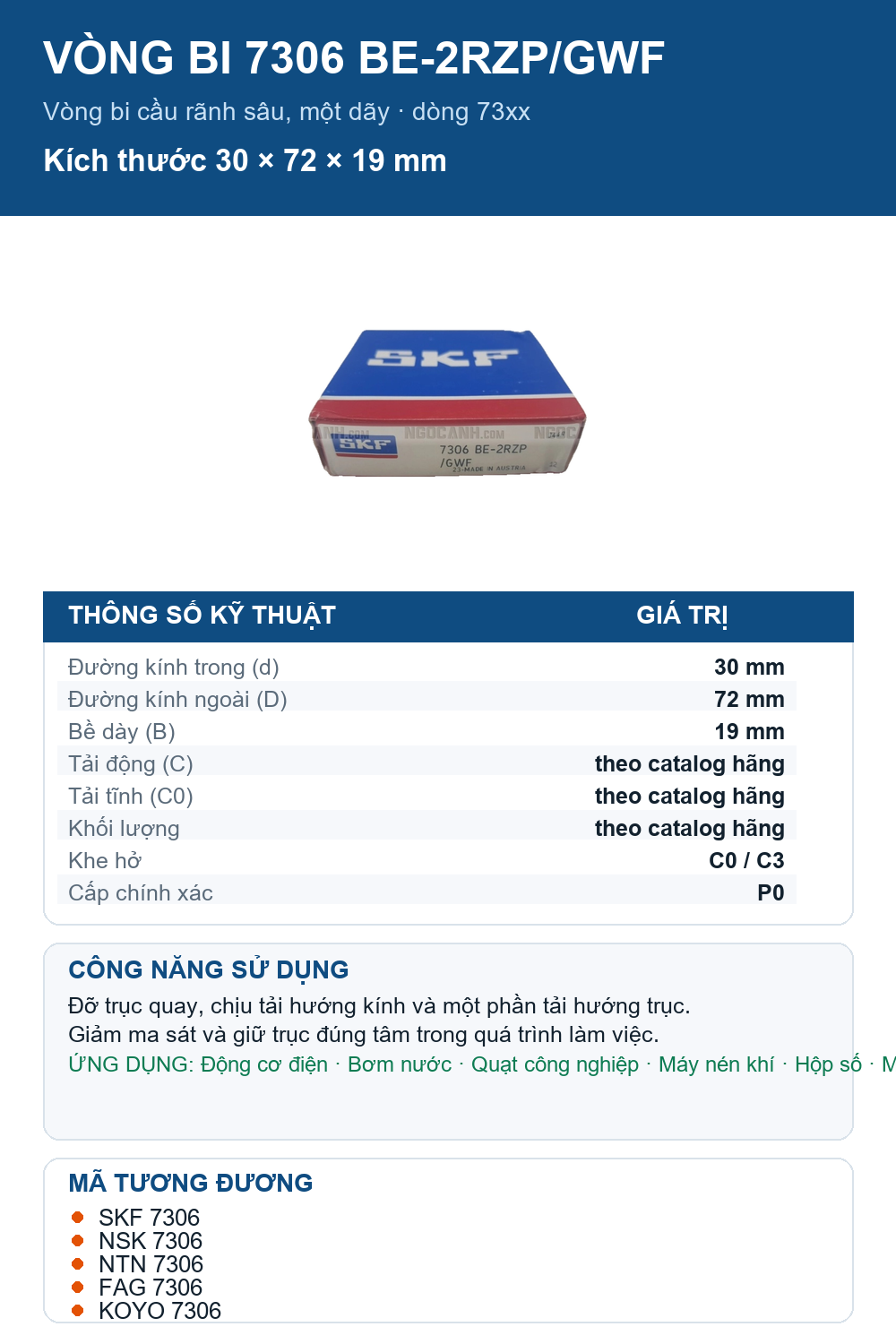 Vòng bi SKF 7306 BE-2RZP/GWF 30x72x19mm — Ảnh thông số (Pinterest)