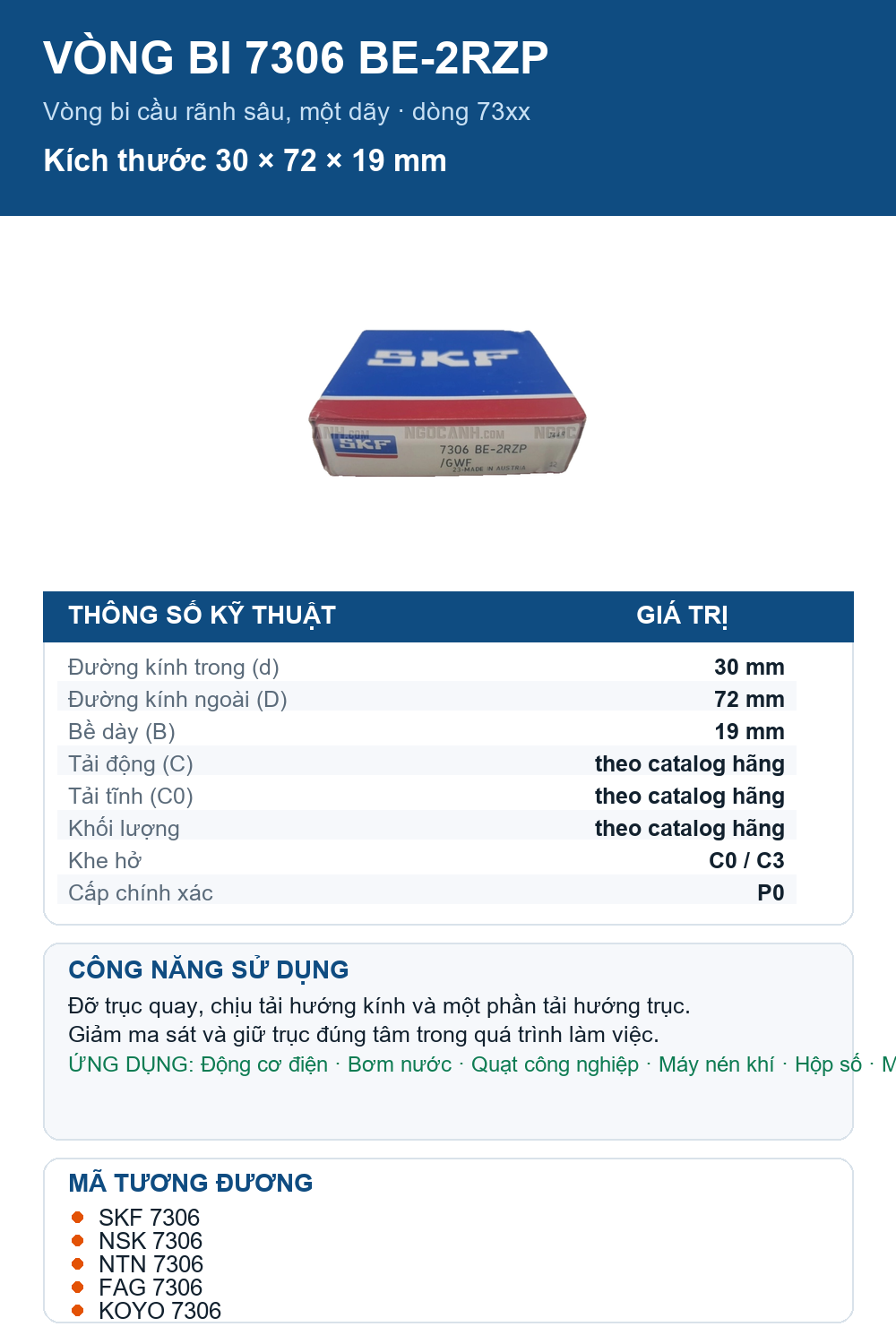 Vòng bi SKF 7306 BE-2RZP 30x72x19mm — Ảnh thông số (Pinterest)