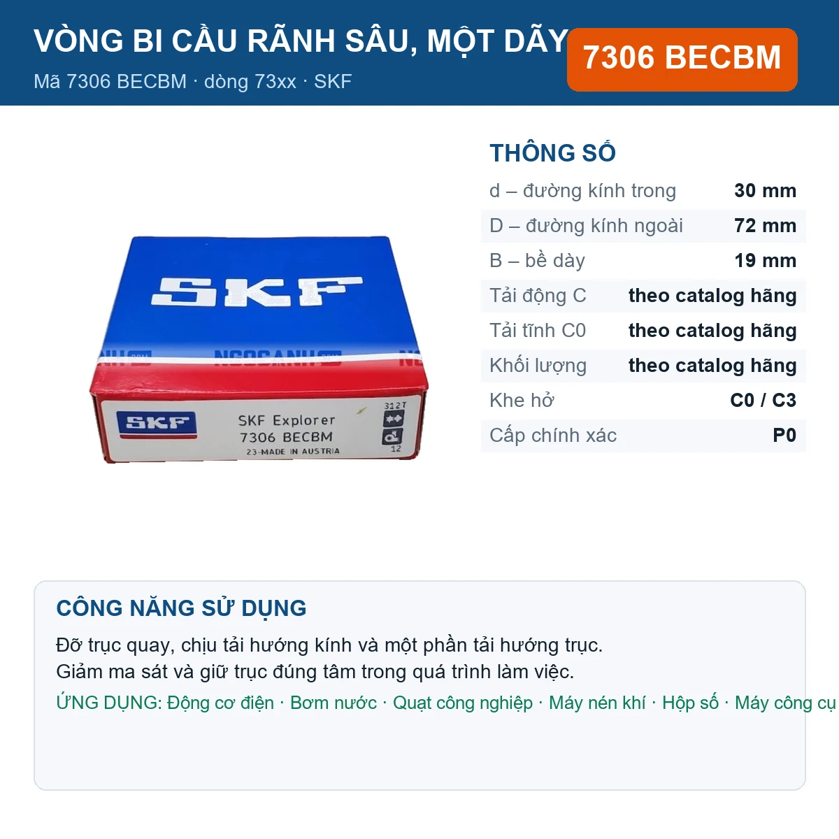 Vòng bi SKF 7306 BECBM — kích thước 30x72x19mm