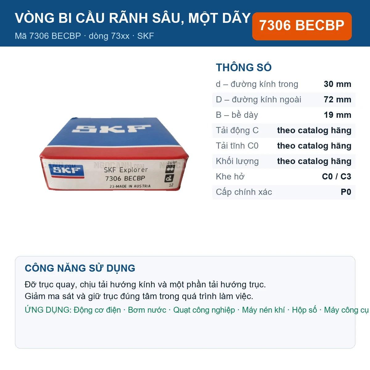Vòng bi SKF 7306 BECBP — kích thước 30x72x19mm