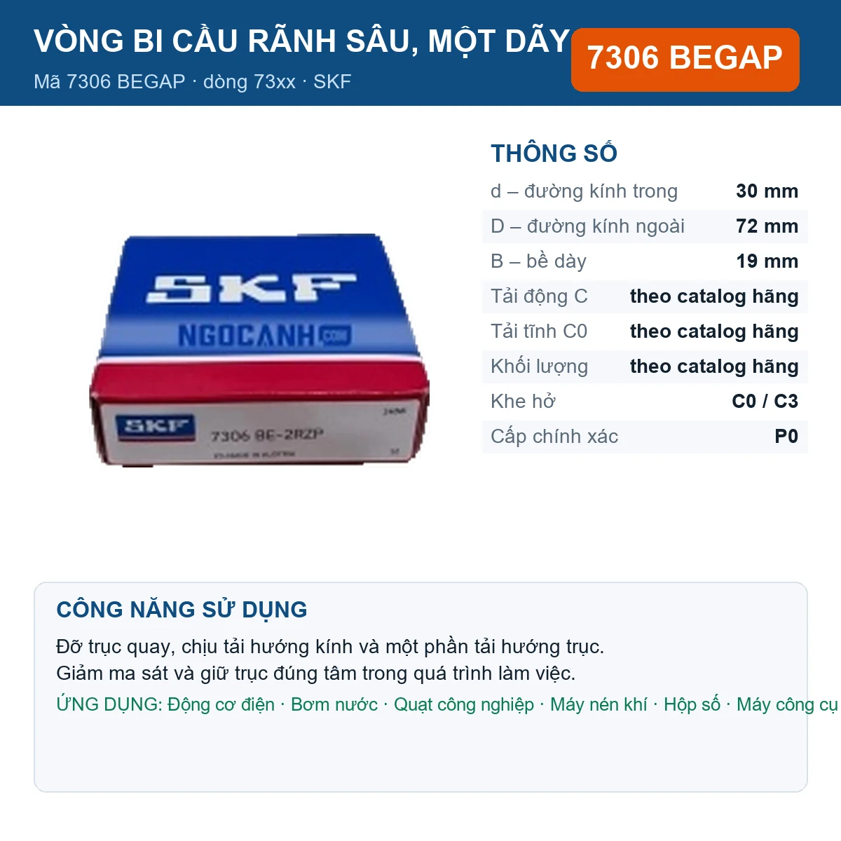 Vòng bi SKF 7306 BEGAP — kích thước 30x72x19mm