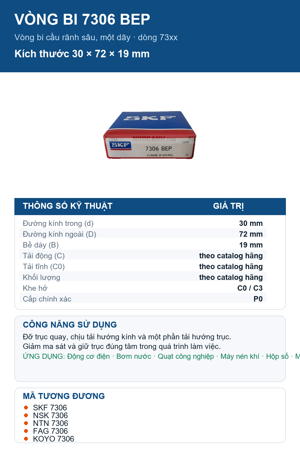 Vòng bi SKF 7306 BEP 30x72x19mm — Ảnh thông số (Pinterest)