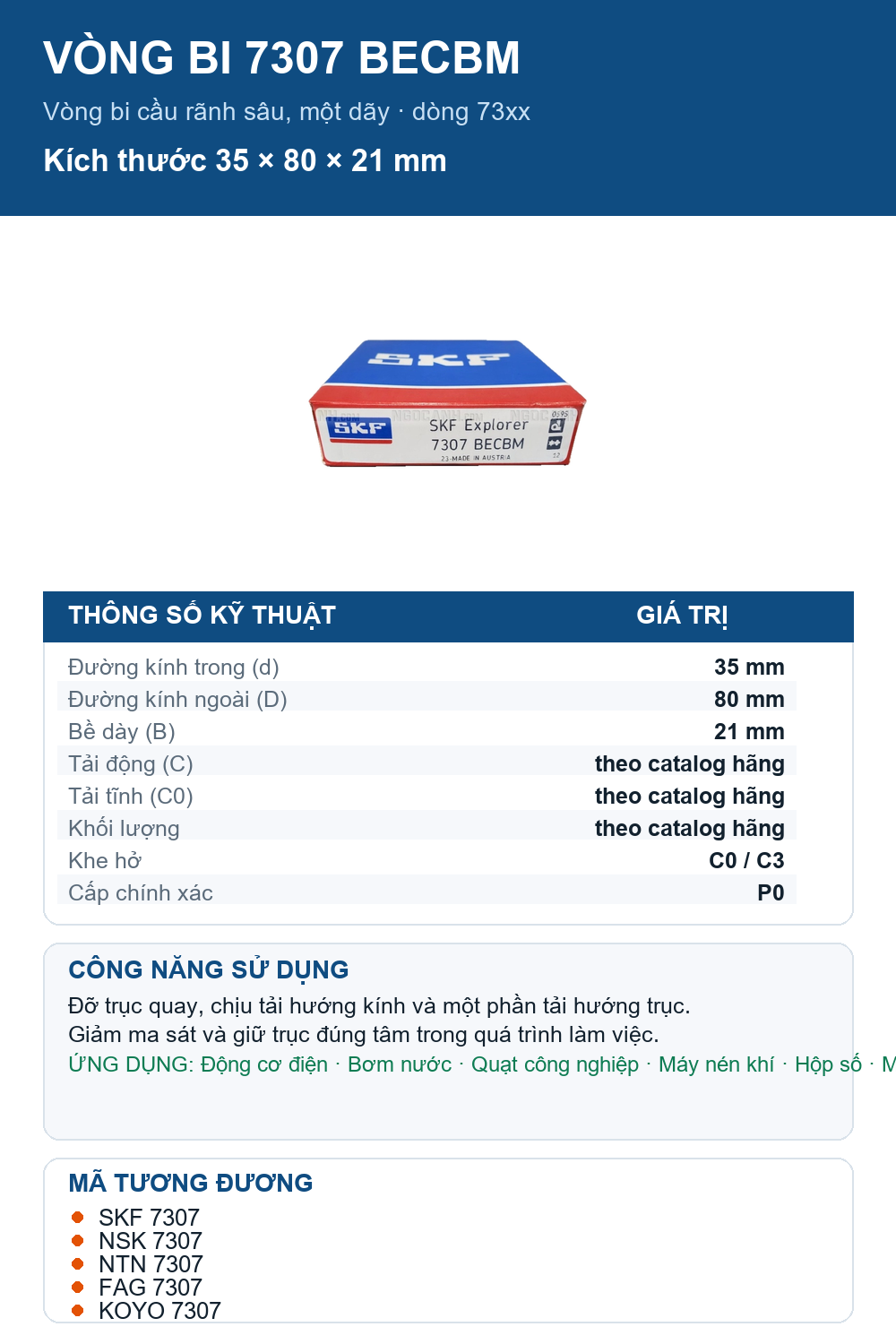 Vòng bi SKF 7307 BECBM 35x80x21mm — Ảnh thông số (Pinterest)