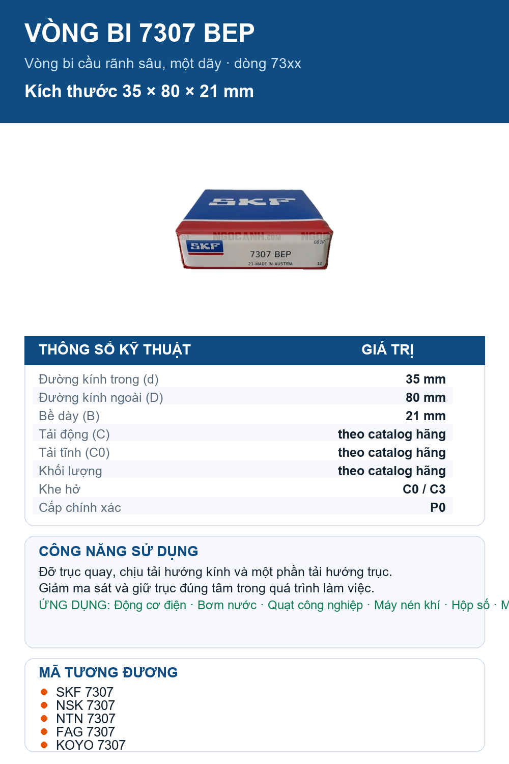 Vòng bi SKF 7307 BEP 35x80x21mm — Ảnh thông số (Pinterest)