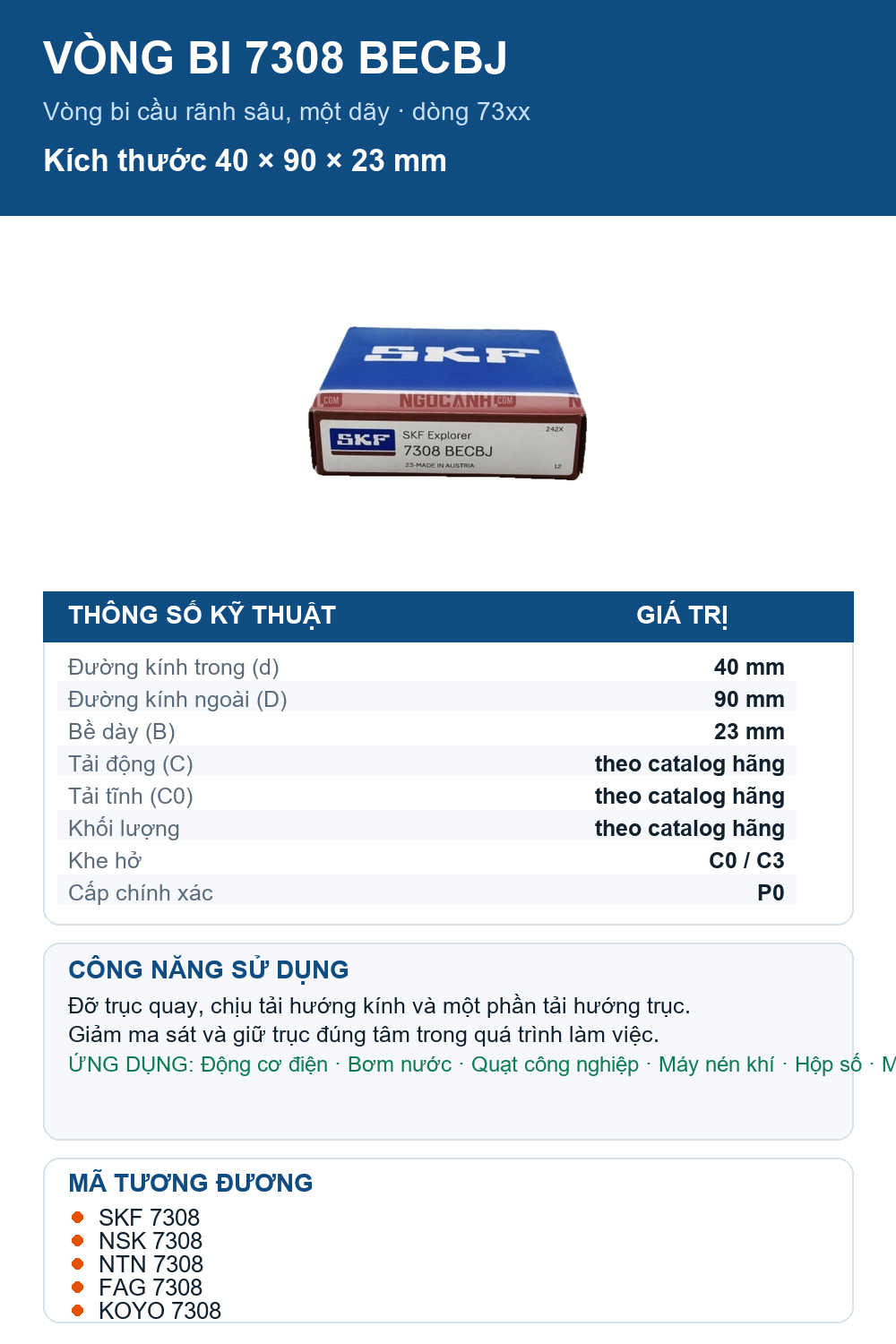 Vòng bi SKF 7308 BECBJ 40x90x23mm — Ảnh thông số (Pinterest)