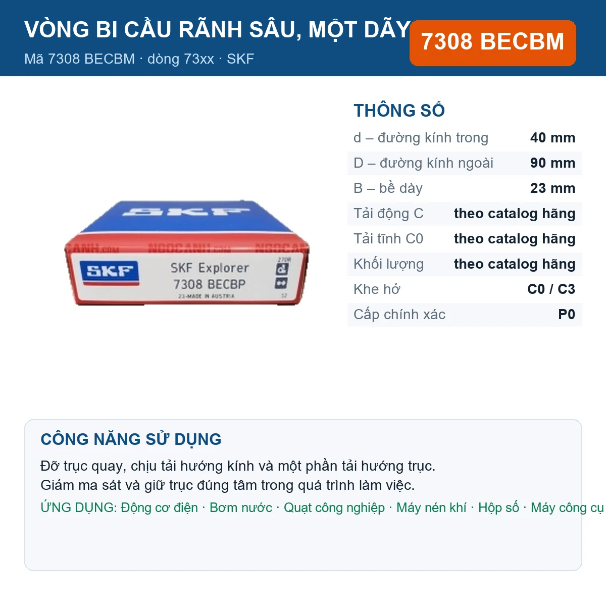 Vòng bi SKF 7308 BECBM — kích thước 40x90x23mm