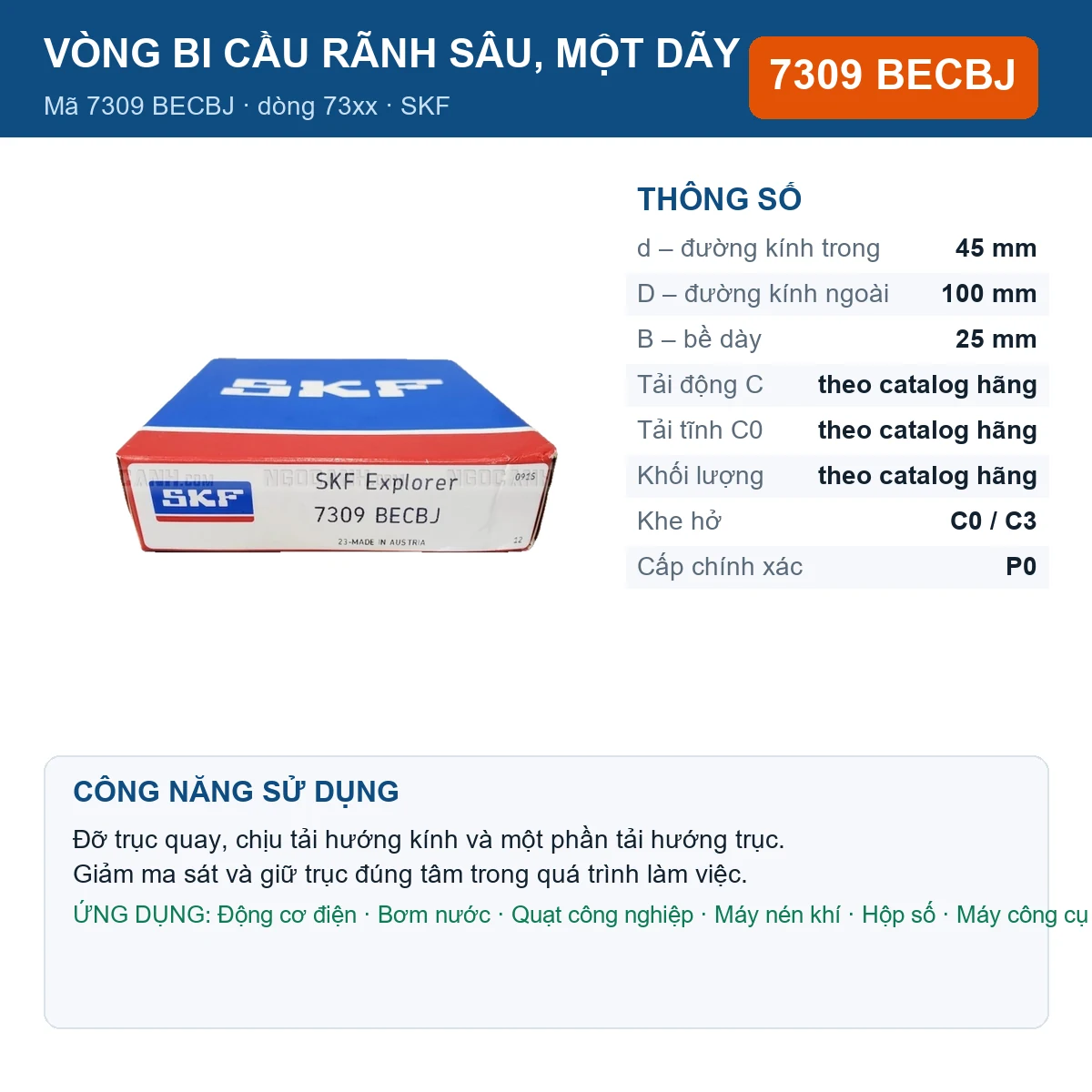 Vòng bi SKF 7309 BECBJ — kích thước 45x100x25mm