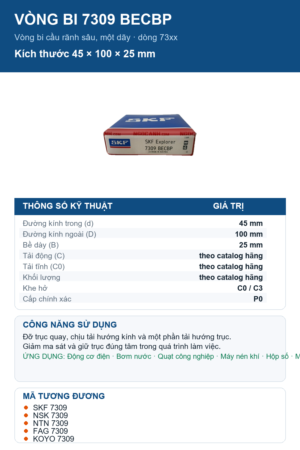 Vòng bi SKF 7309 BECBP 45x100x25mm — Ảnh thông số (Pinterest)