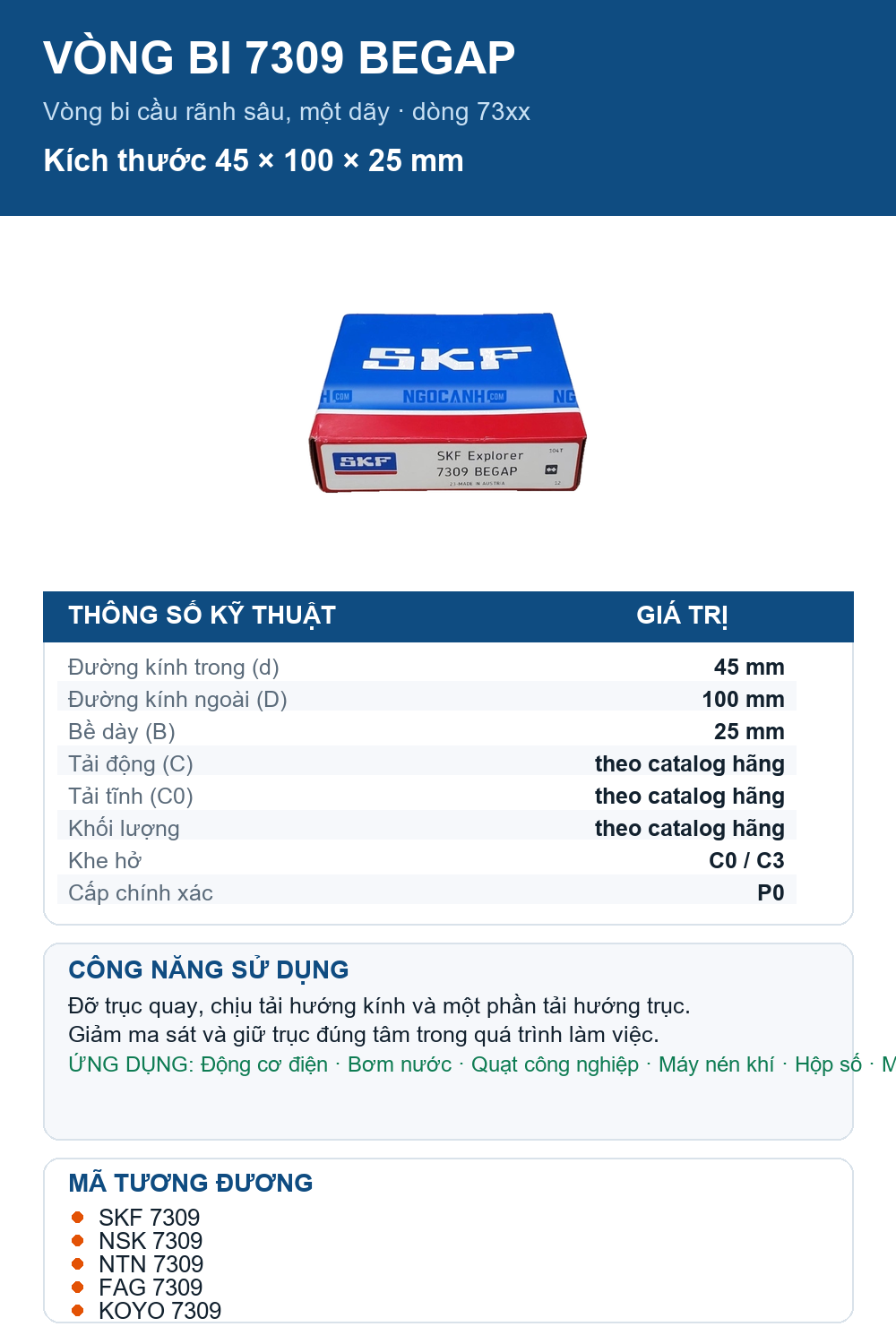 Vòng bi SKF 7309 BEGAP 45x100x25mm — Ảnh thông số (Pinterest)