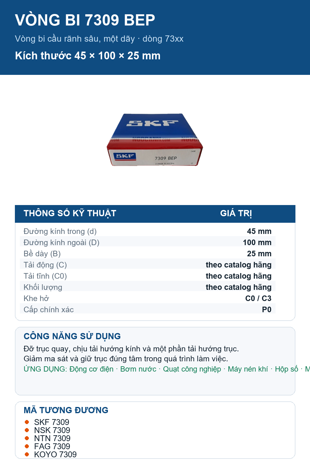 Vòng bi SKF 7309 BEP 45x100x25mm — Ảnh thông số (Pinterest)