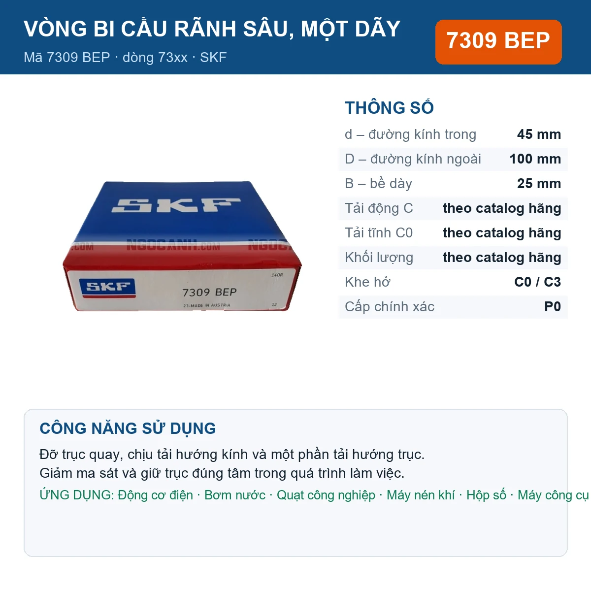 Vòng bi SKF 7309 BEP — kích thước 45x100x25mm
