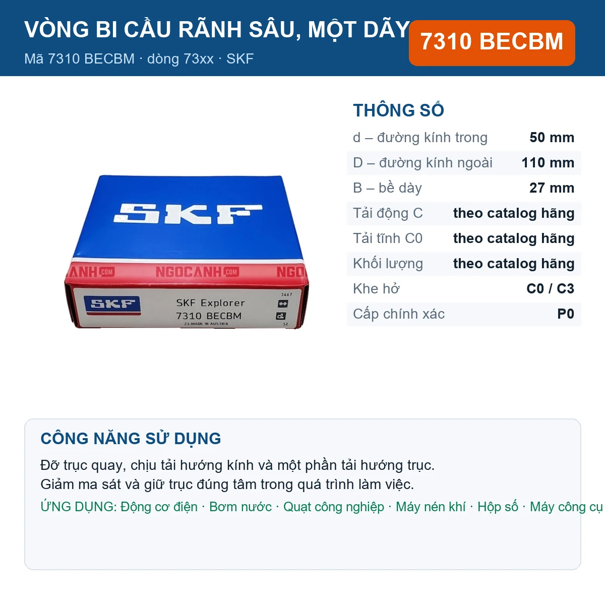 Vòng bi SKF 7310 BECBM — kích thước 50x110x27mm