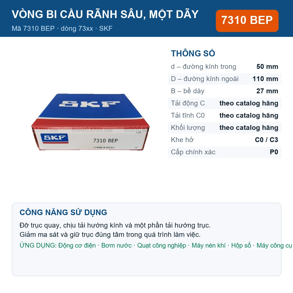 Vòng bi SKF 7310 BEP — kích thước 50x110x27mm