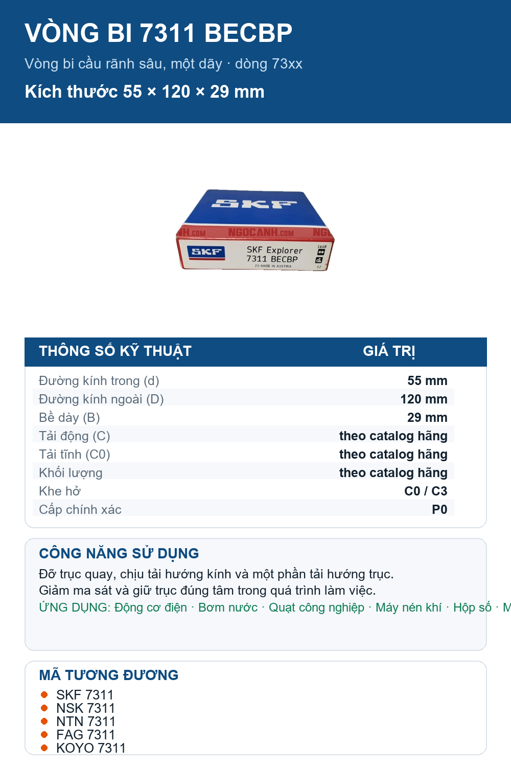 Vòng bi SKF 7311 BECBP 55x120x29mm — Ảnh thông số (Pinterest)