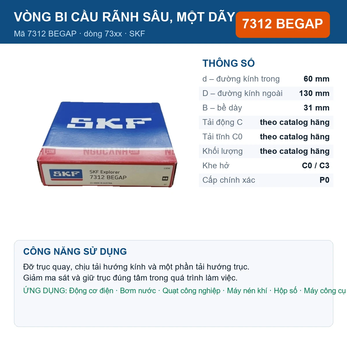 Vòng bi SKF 7312 BEGAP — kích thước 60x130x31mm