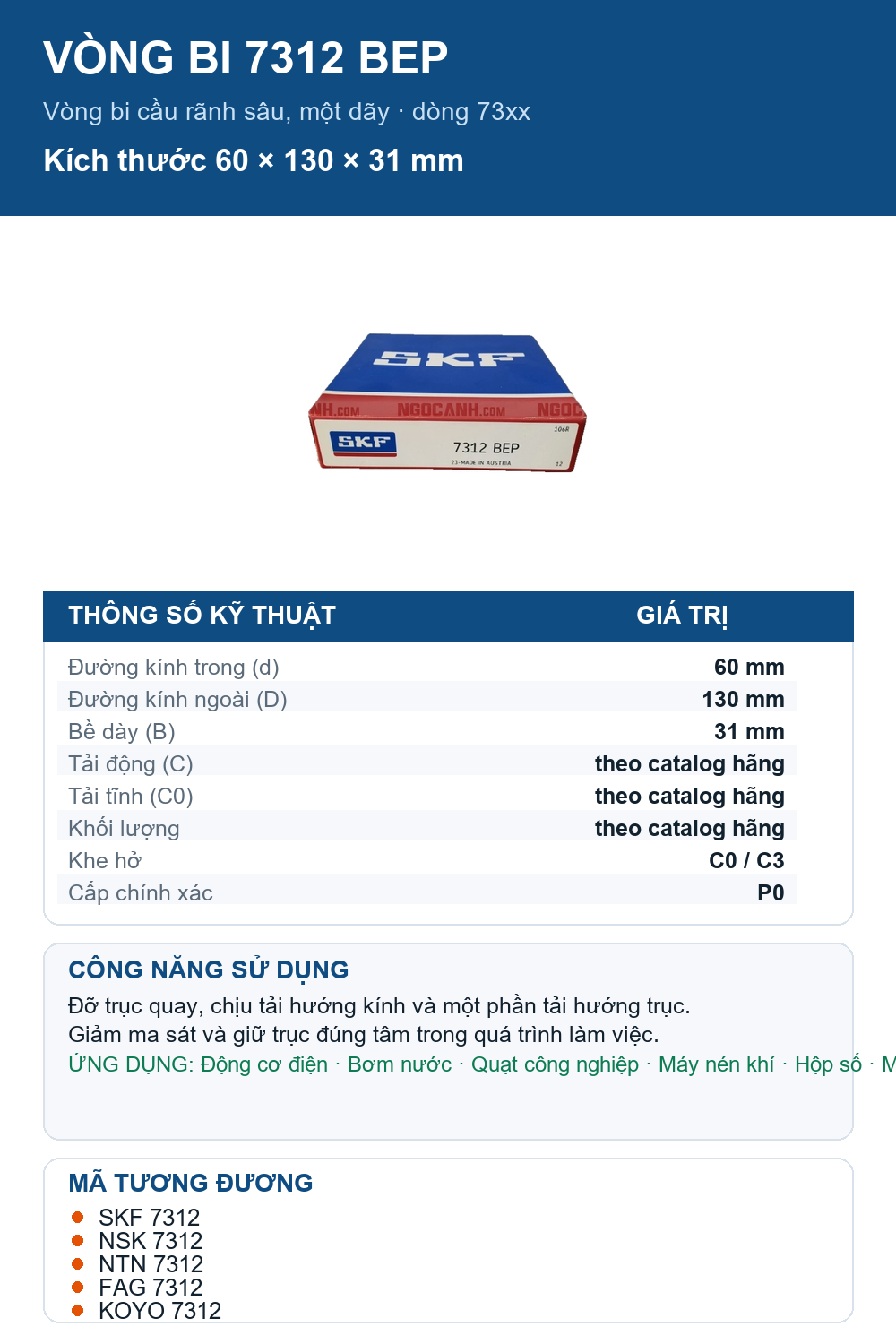 Vòng bi SKF 7312 BEP 60x130x31mm — Ảnh thông số (Pinterest)