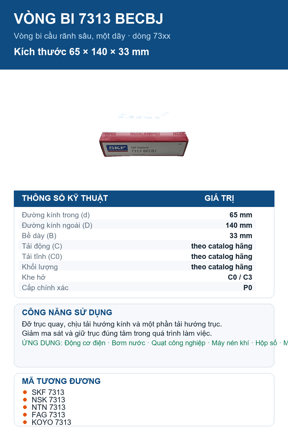 Vòng bi SKF 7313 BECBJ 65x140x33mm — Ảnh thông số (Pinterest)