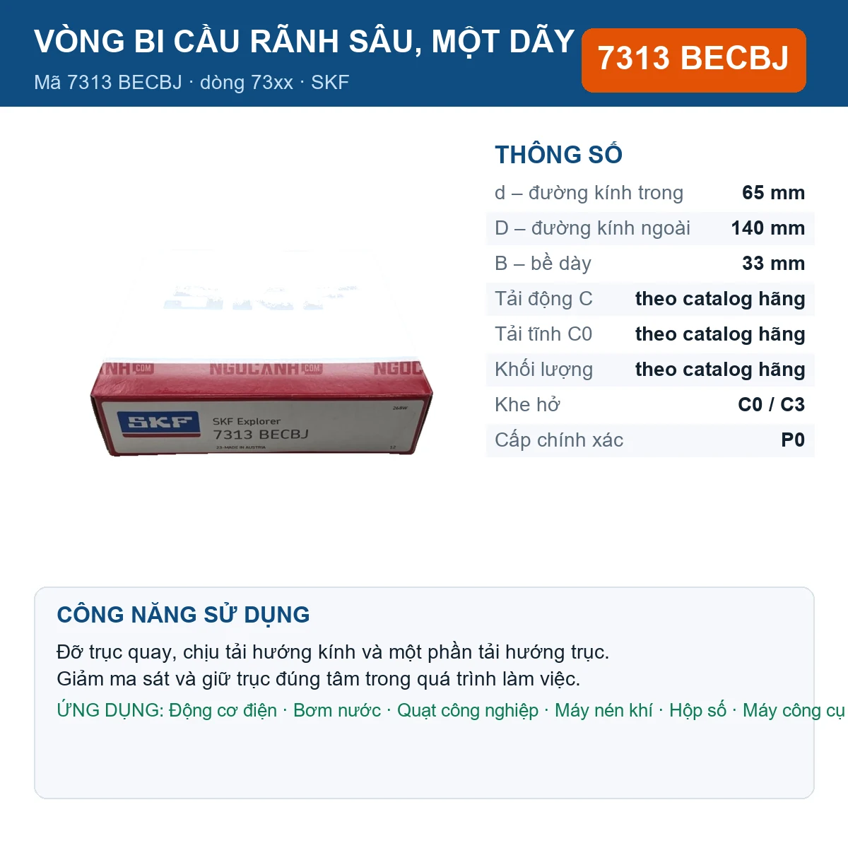 Vòng bi SKF 7313 BECBJ — kích thước 65x140x33mm