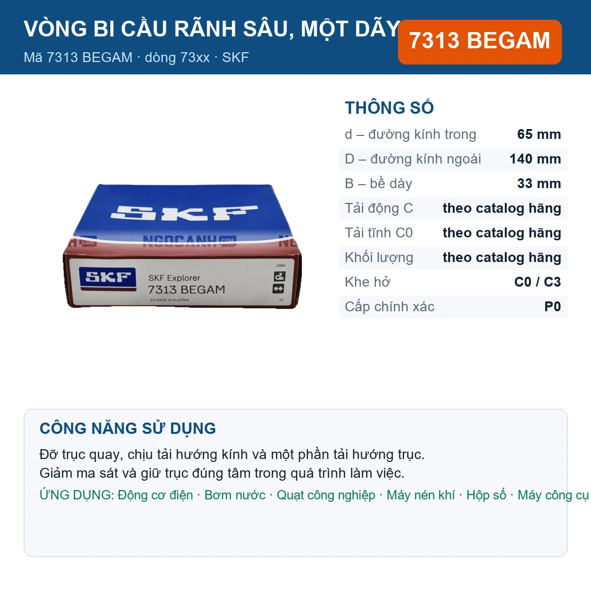 Vòng bi SKF 7313 BEGAM — kích thước 65x140x33mm