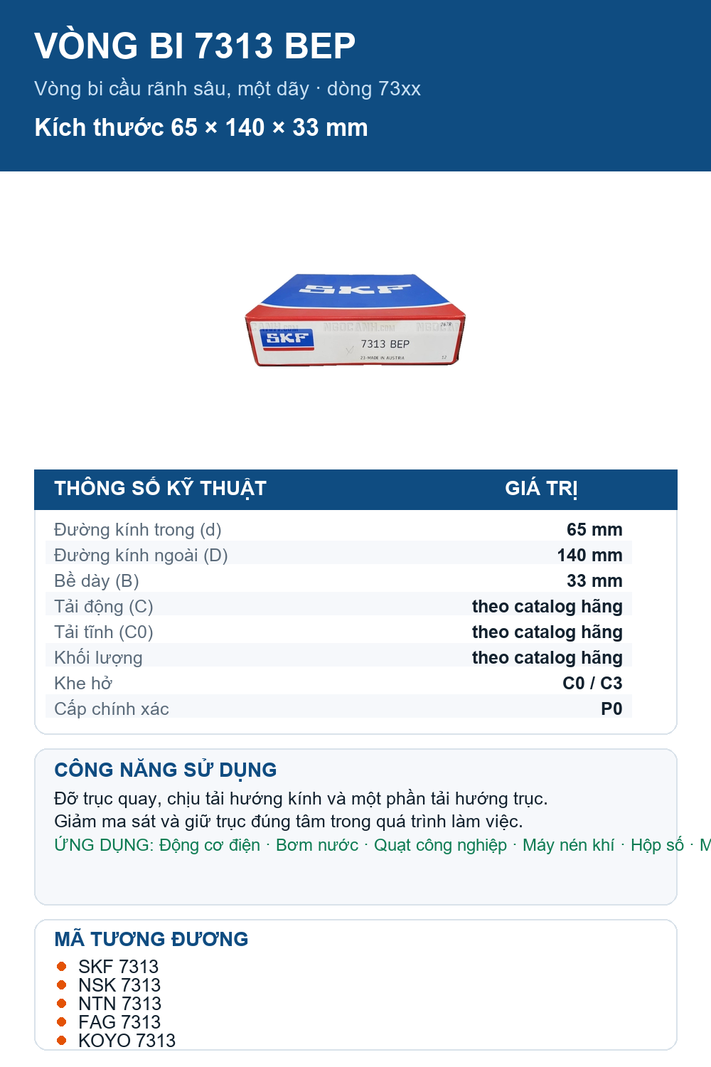 Vòng bi SKF 7313 BEP 65x140x33mm — Ảnh thông số (Pinterest)