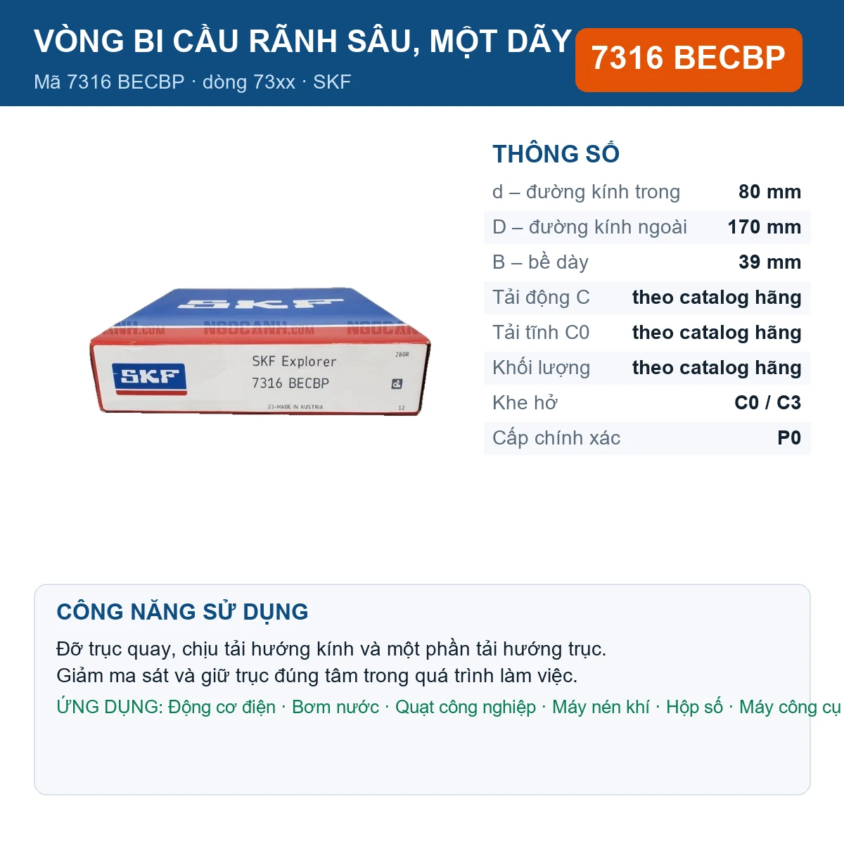 Vòng bi SKF 7316 BECBP — kích thước 80x170x39mm