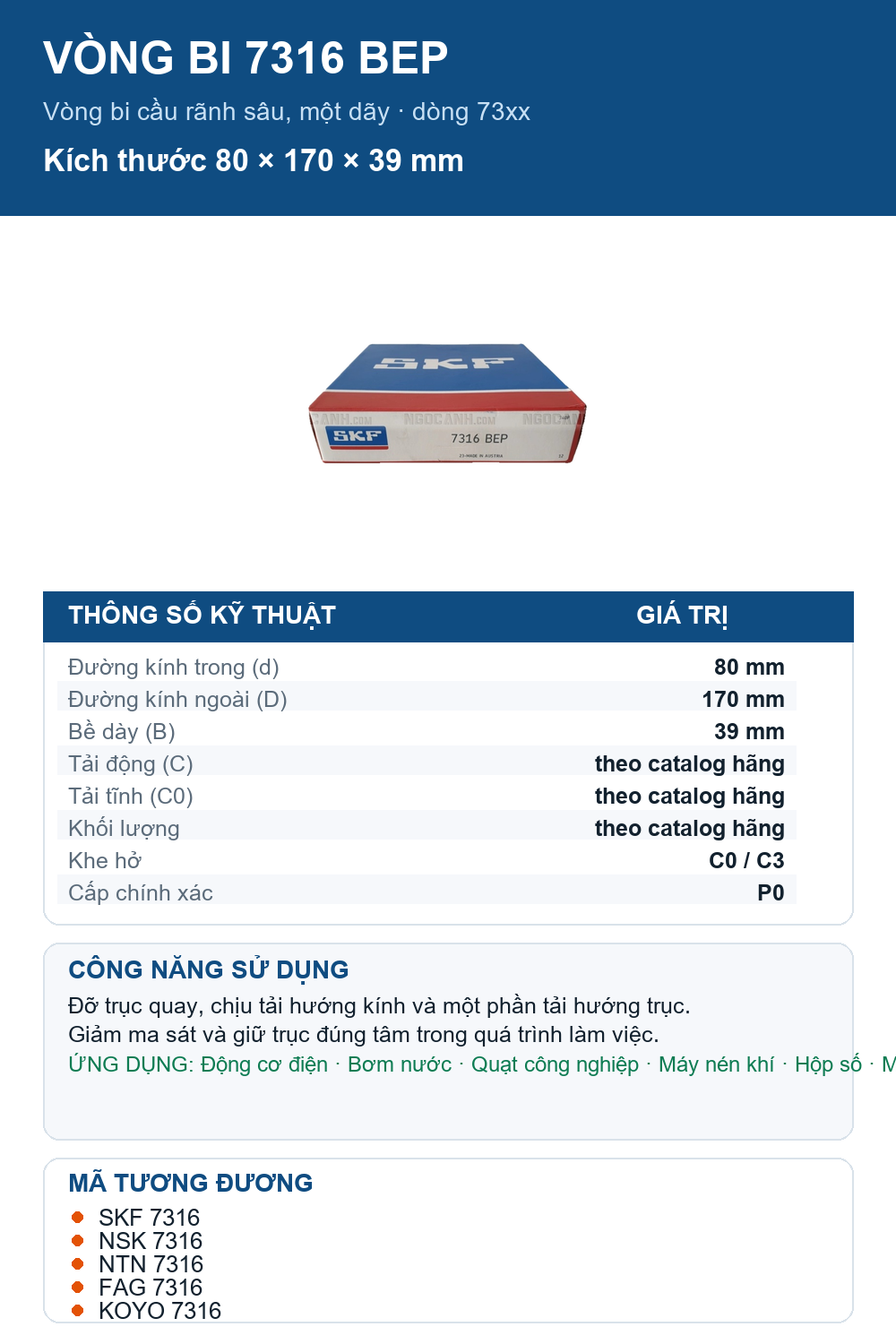 Vòng bi SKF 7316 BEP 80x170x39mm — Ảnh thông số (Pinterest)
