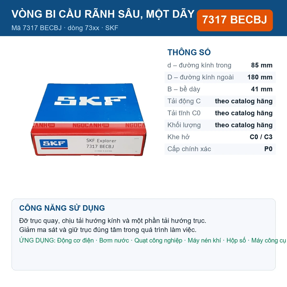Vòng bi SKF 7317 BECBJ — kích thước 85x180x41mm