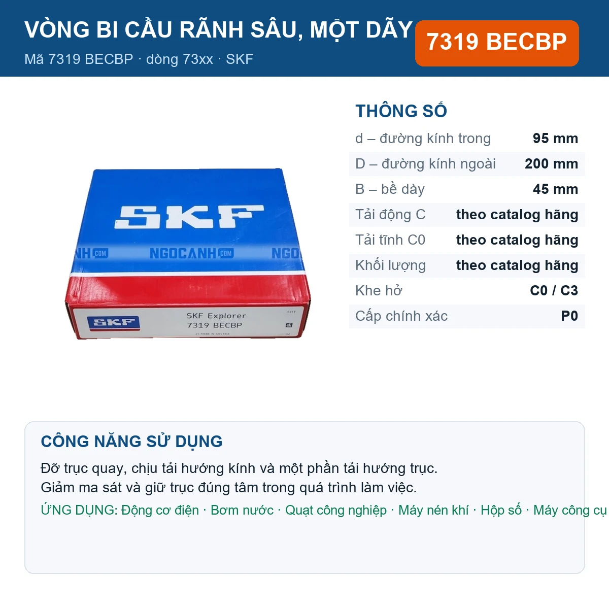 Vòng bi SKF 7319 BECBP — kích thước 95x200x45mm