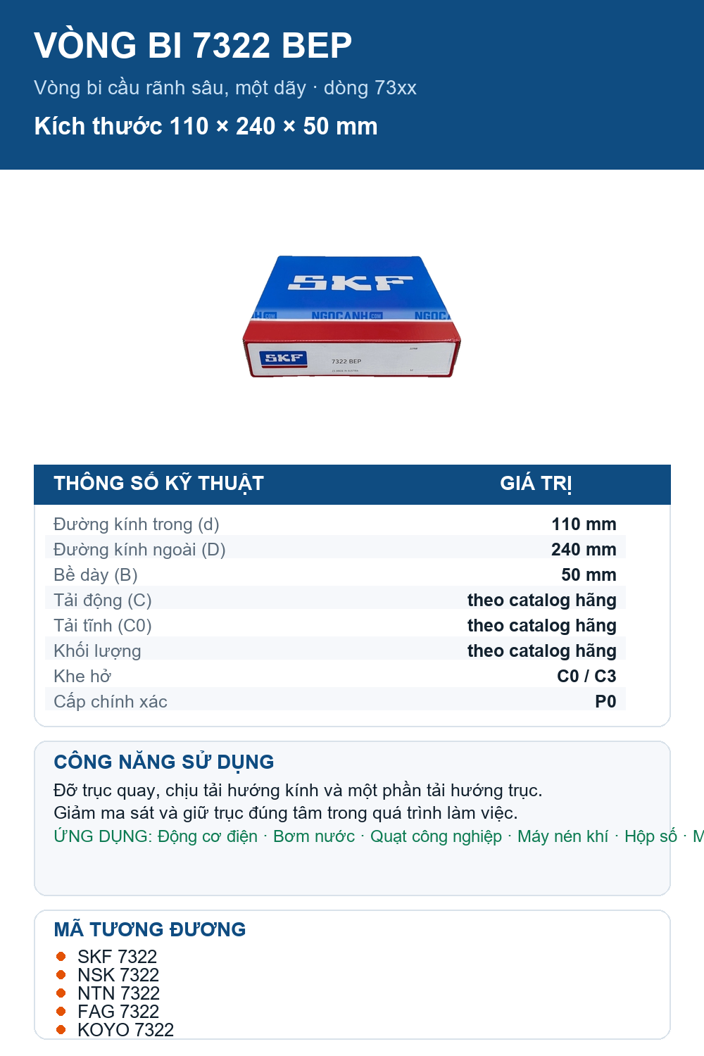Vòng bi SKF 7322 BEP 110x240x50mm — Ảnh thông số (Pinterest)