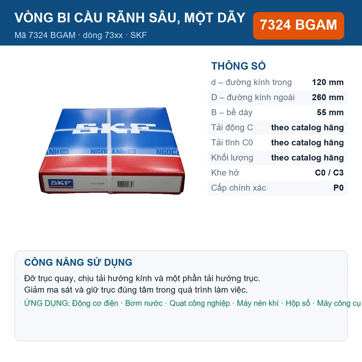 Vòng bi SKF 7324 BGAM — kích thước 120x260x55mm