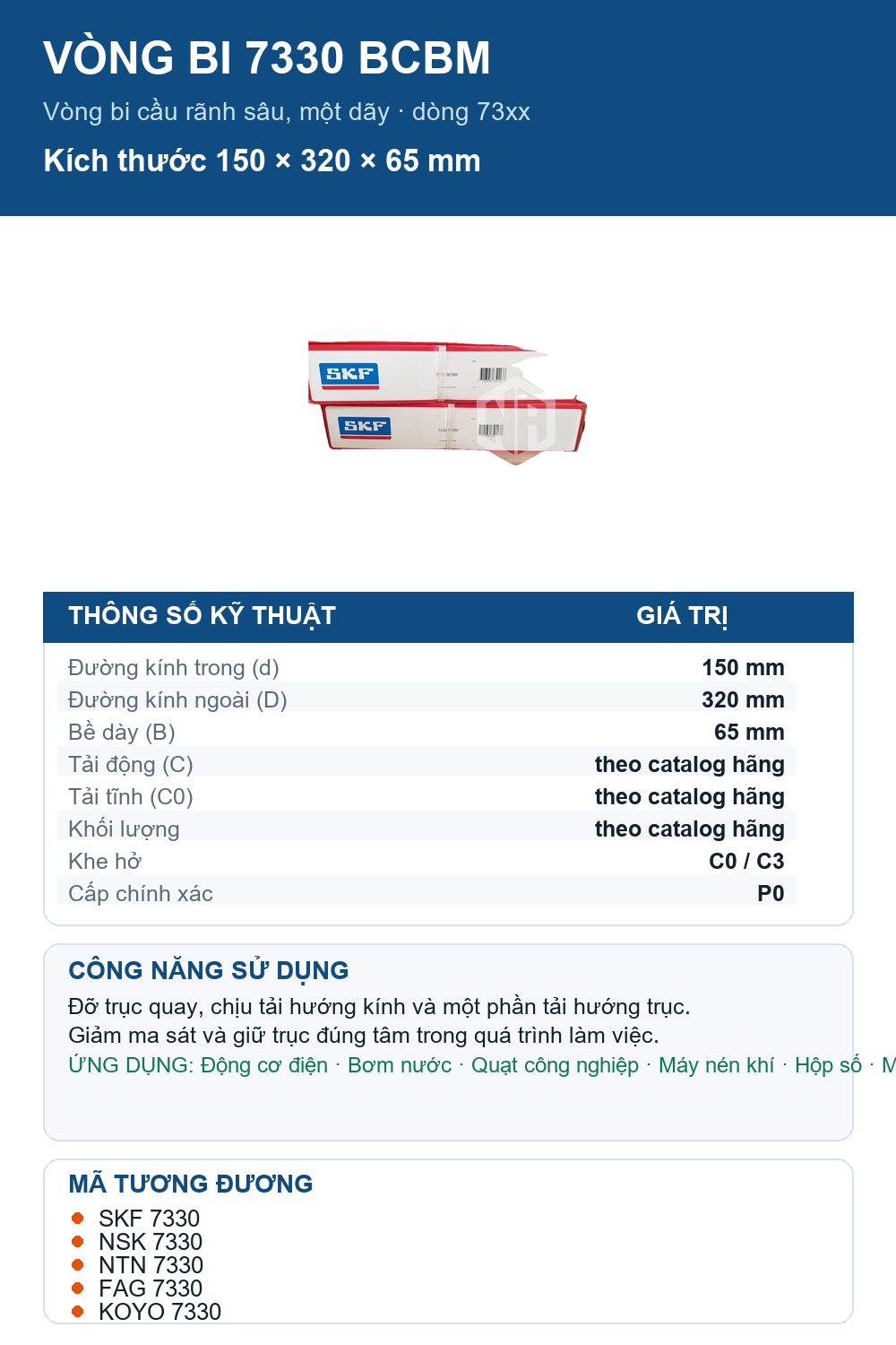 Vòng bi SKF 7330 BCBM 150x320x65mm — Ảnh thông số (Pinterest)