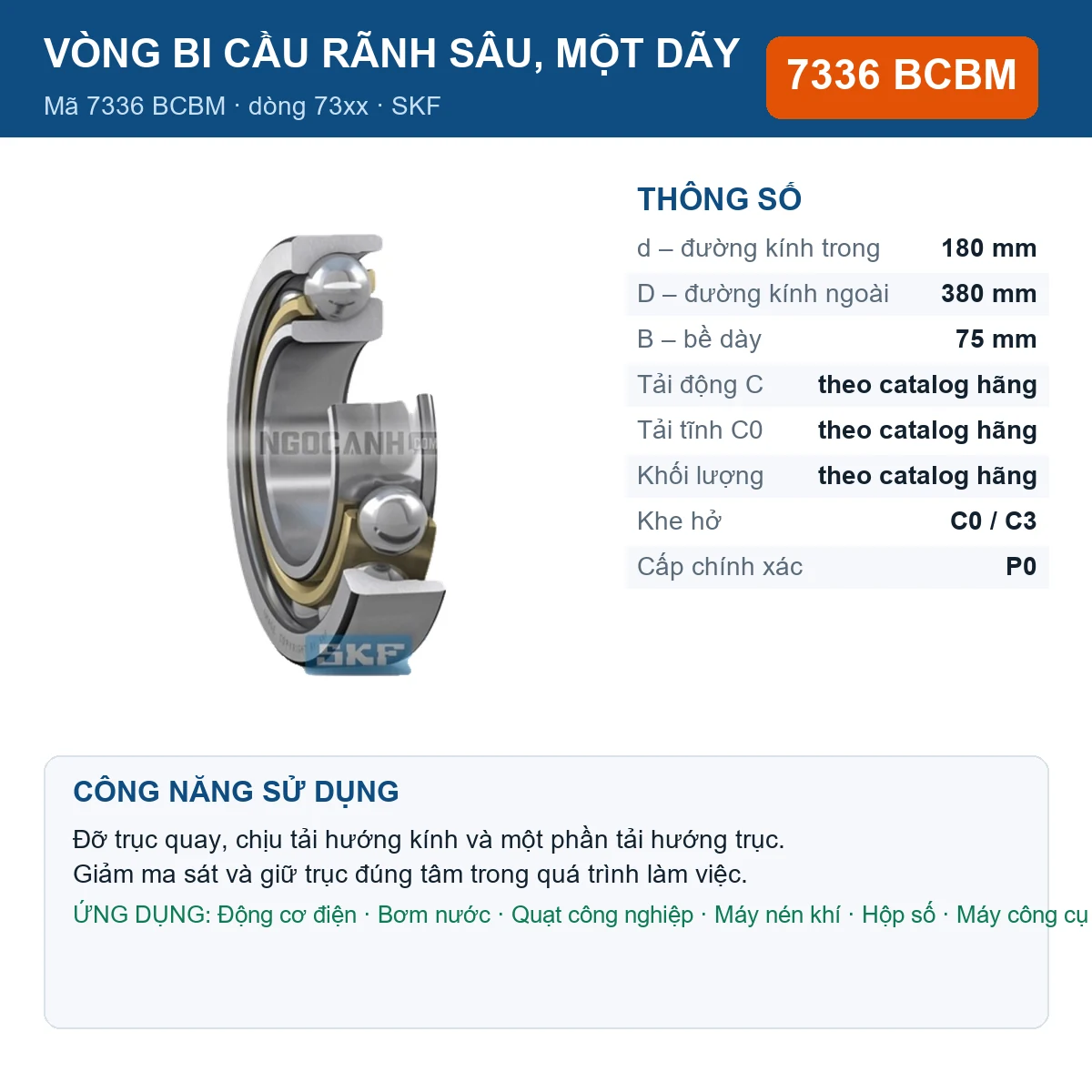 Vòng bi SKF 7336 BCBM — kích thước 180x380x75mm