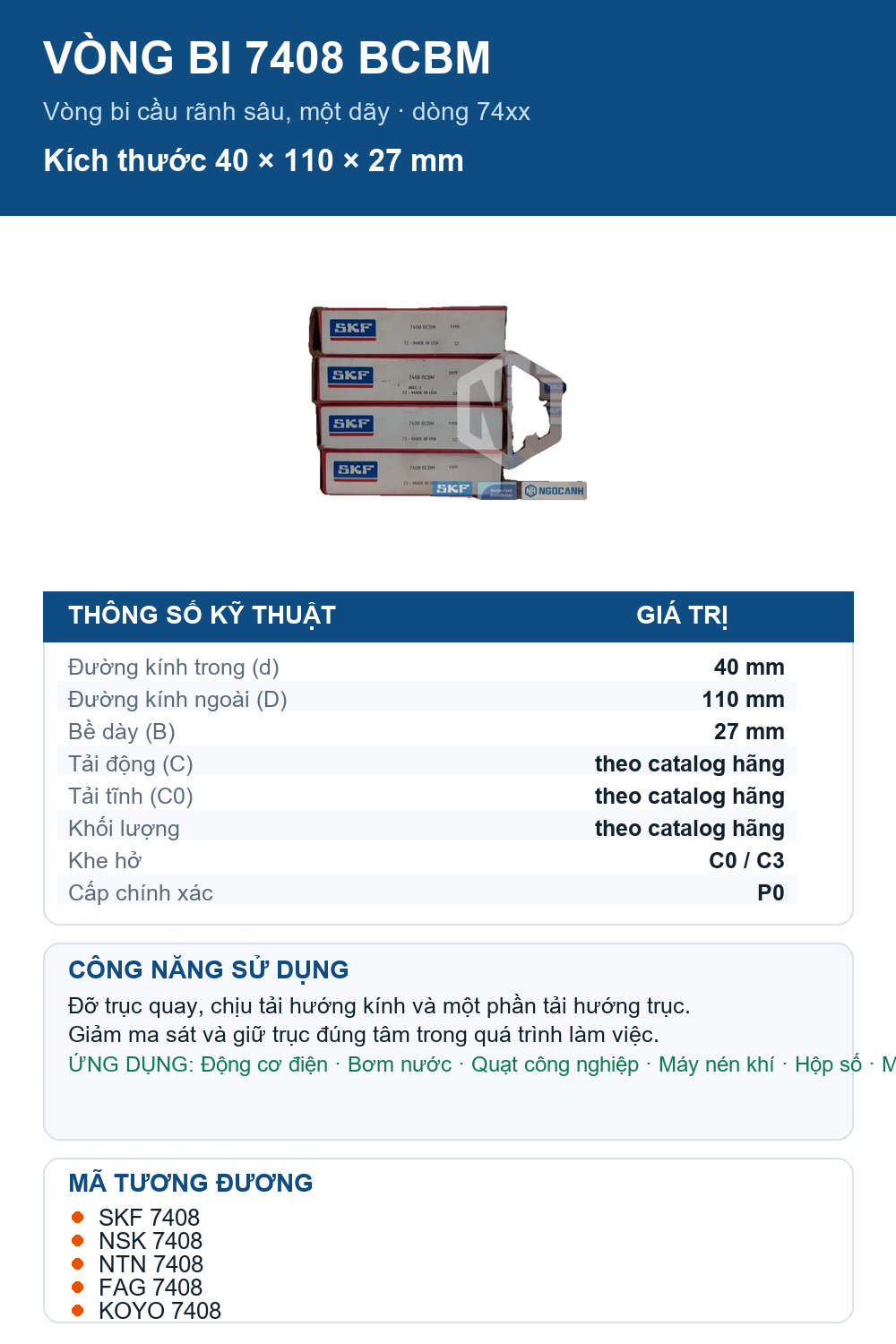 Vòng bi SKF 7408 BCBM 40x110x27mm — Ảnh thông số (Pinterest)