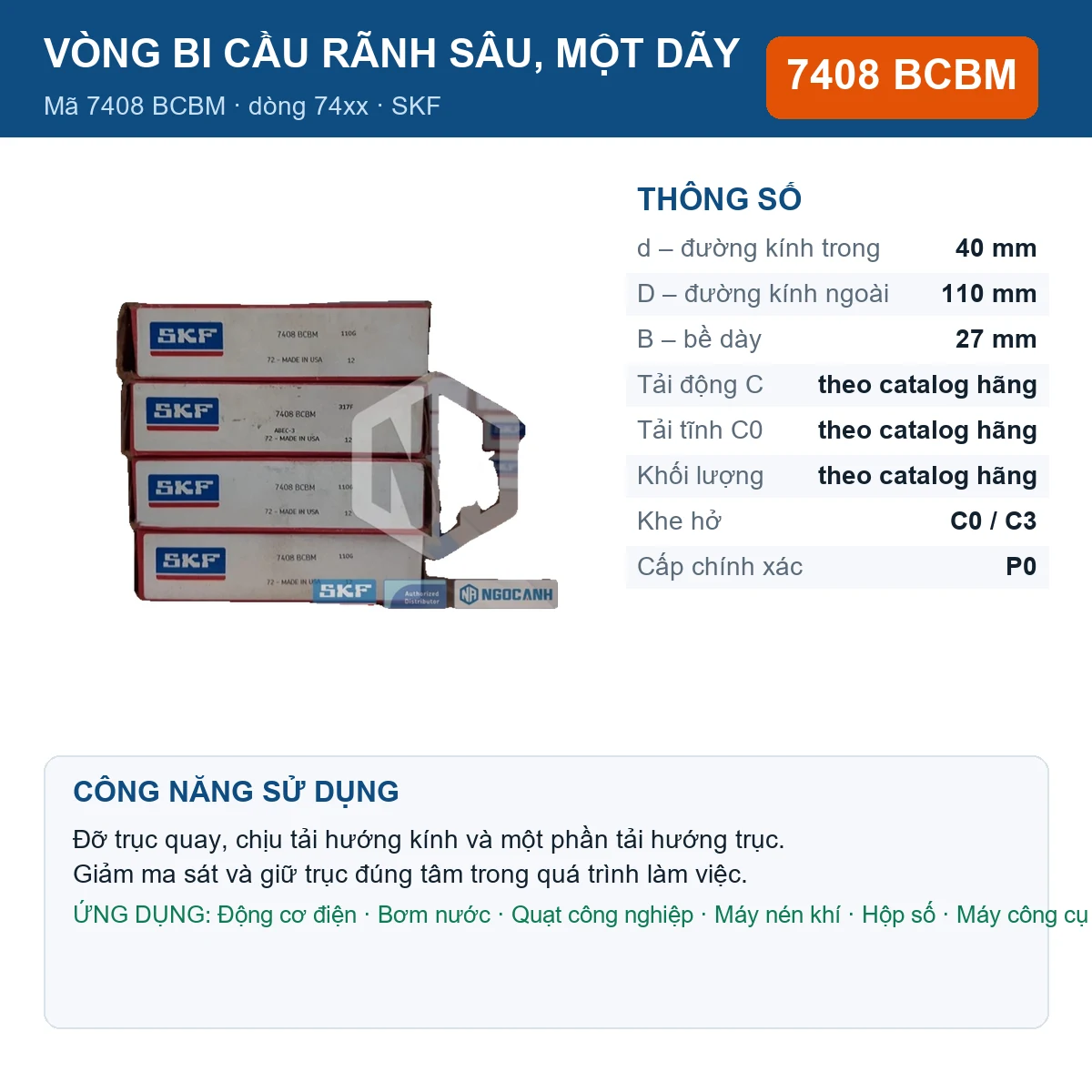 Vòng bi SKF 7408 BCBM — kích thước 40x110x27mm