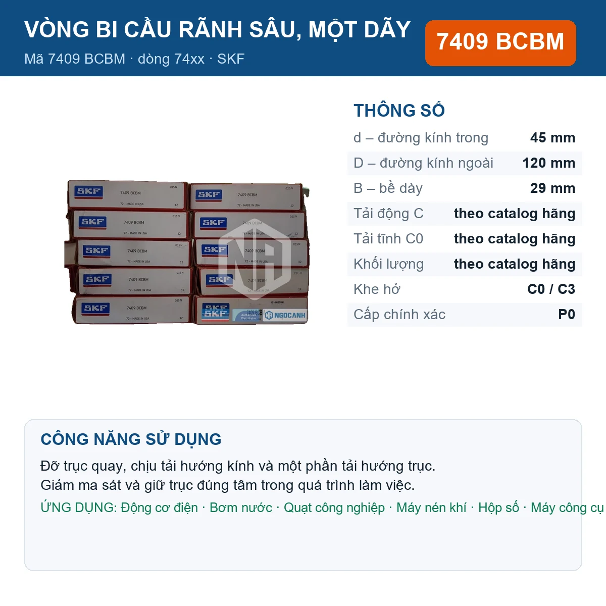 Vòng bi SKF 7409 BCBM — kích thước 45x120x29mm
