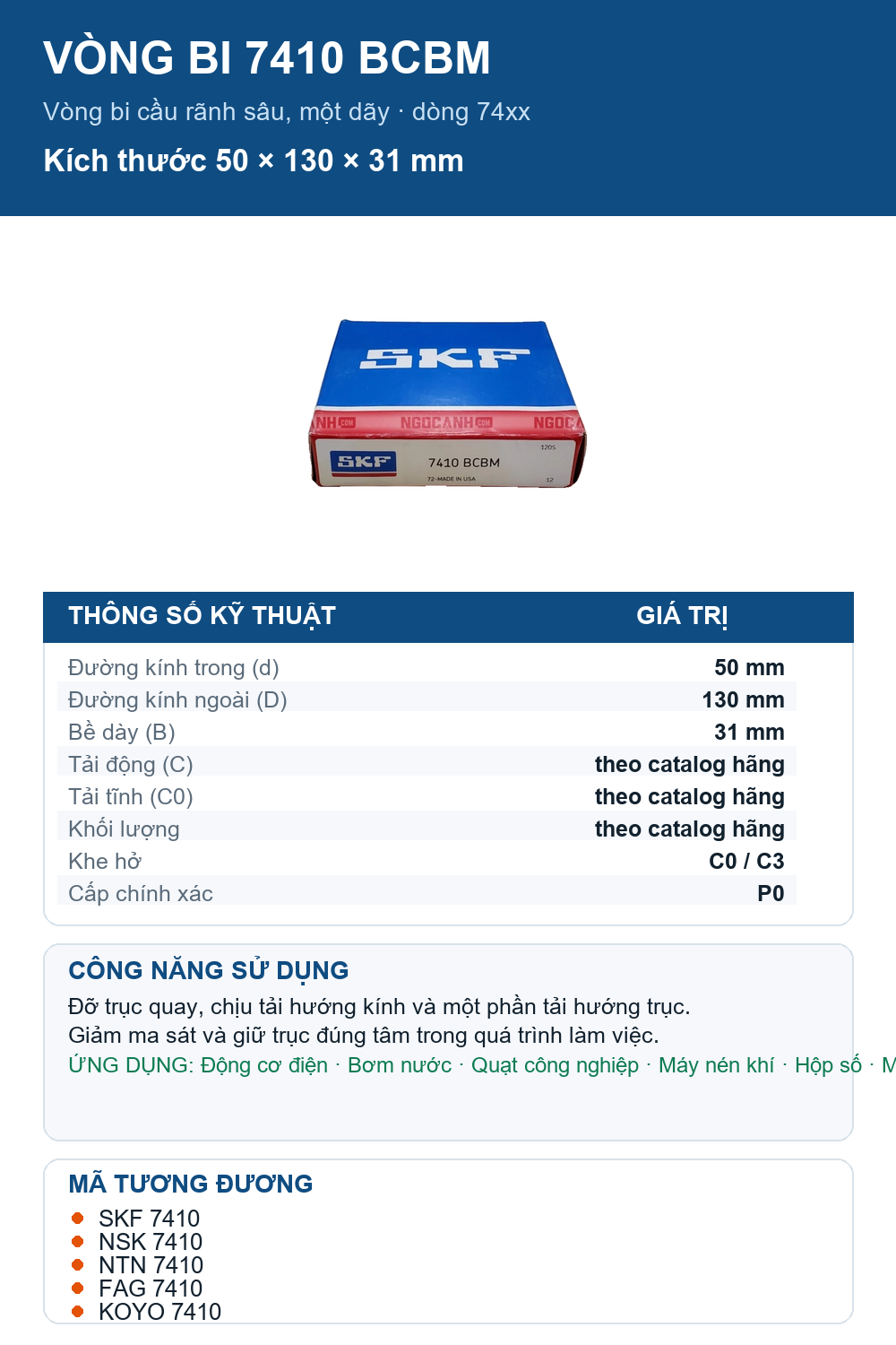 Vòng bi SKF 7410 BCBM 50x130x31mm — Ảnh thông số (Pinterest)