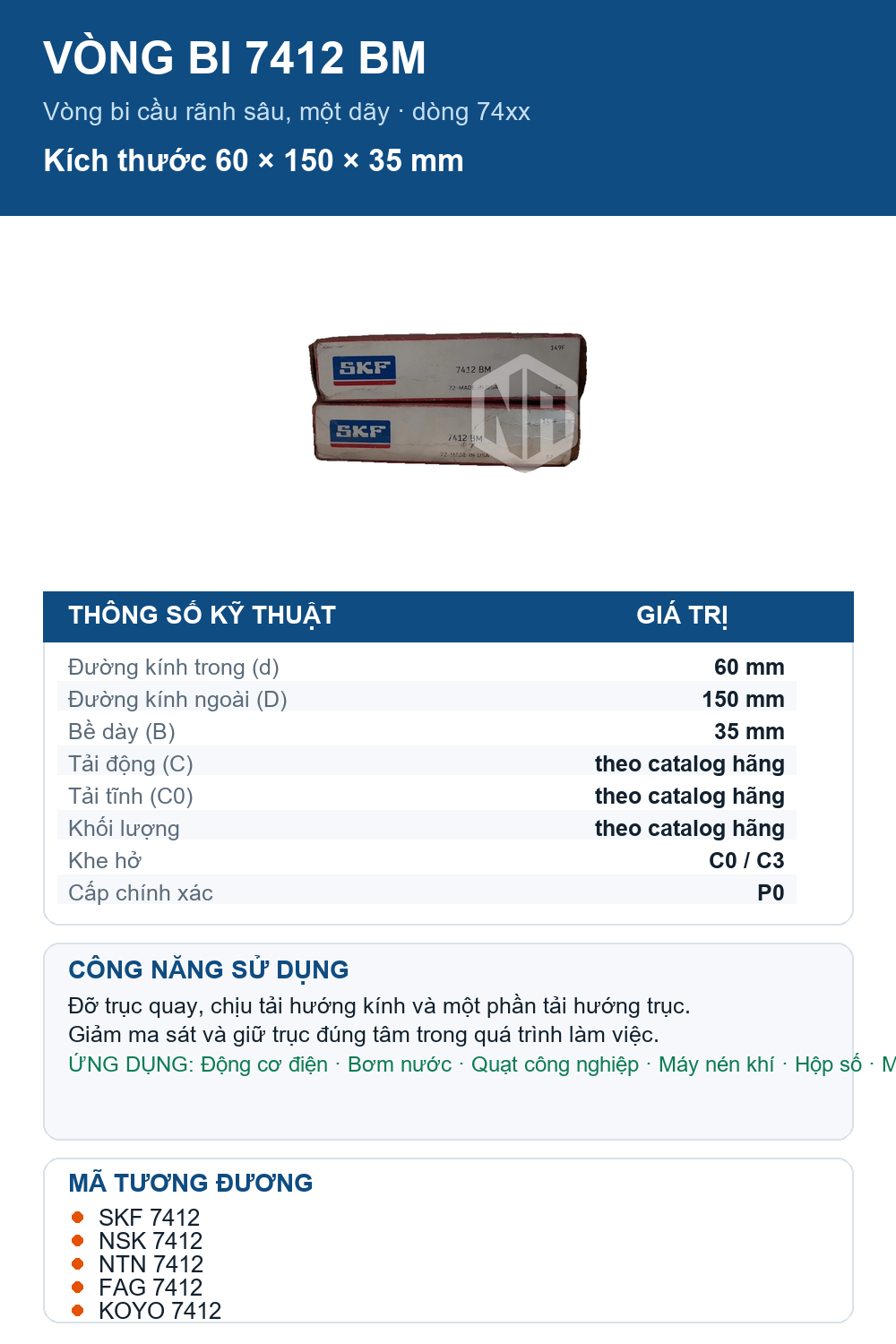 Vòng bi SKF 7412 BM 60x150x35mm — Ảnh thông số (Pinterest)