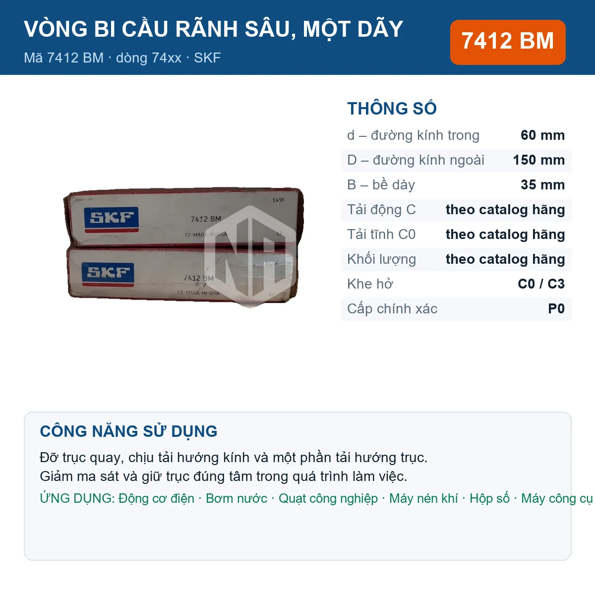 Vòng bi SKF 7412 BM — kích thước 60x150x35mm