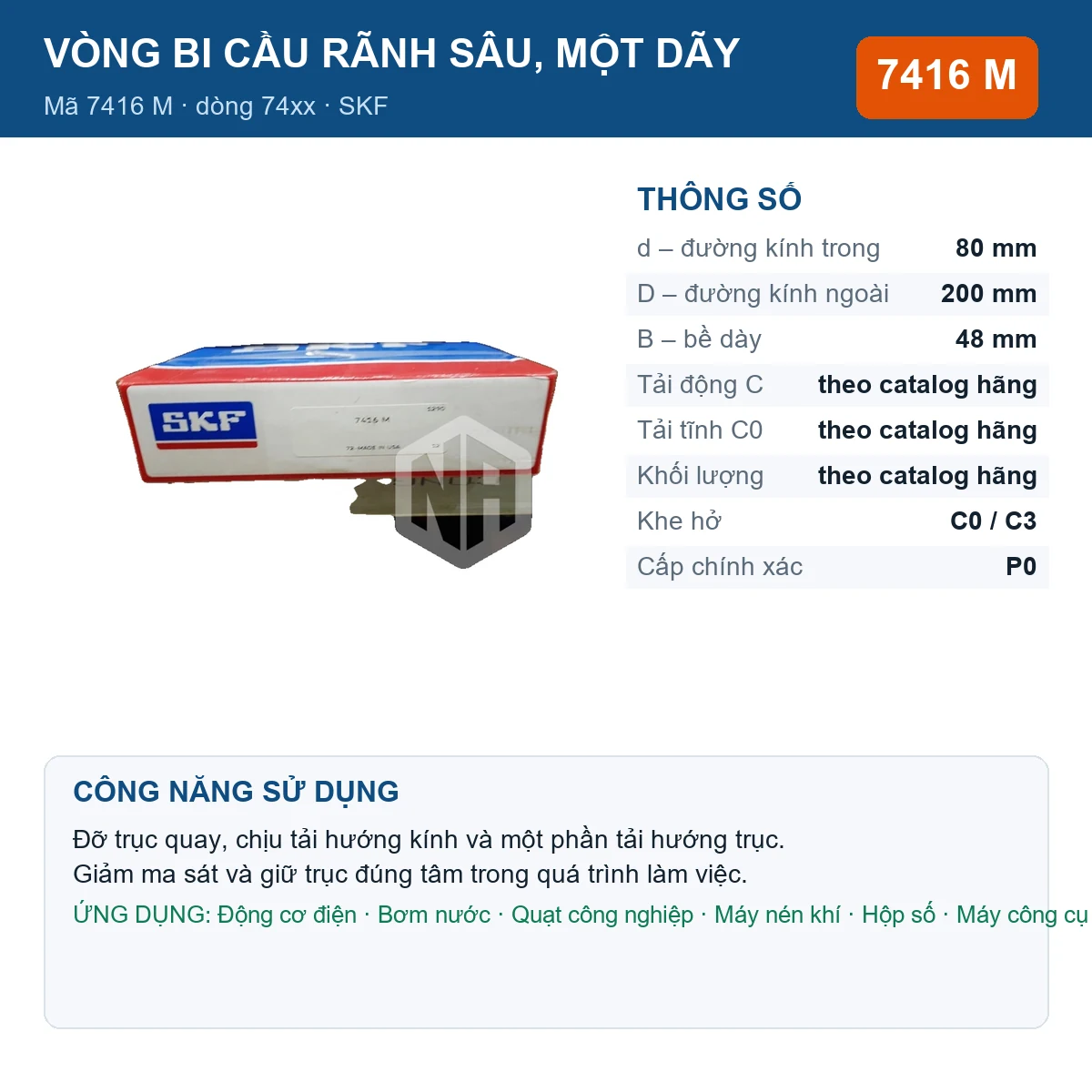 Vòng bi SKF 7416 M — kích thước 80x200x48mm