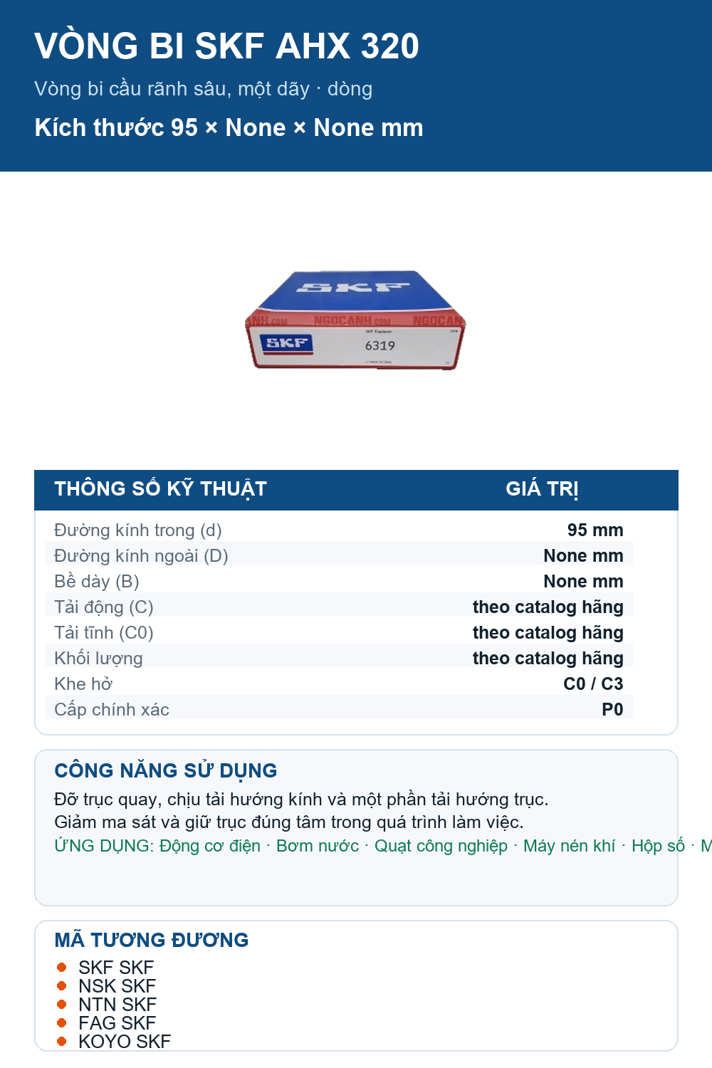 Vòng bi SKF AHX 320 95mm — Ảnh thông số (Pinterest)