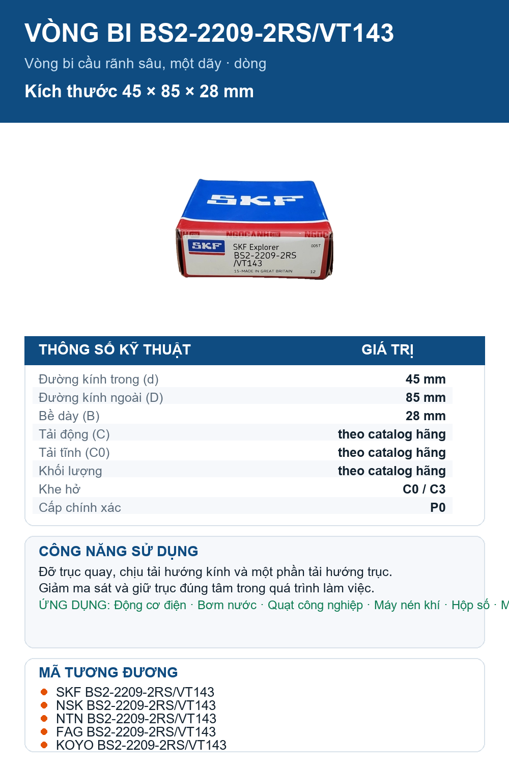 Vòng bi SKF BS2-2209-2RS/VT143 45x85x28mm — Ảnh thông số (Pinterest)