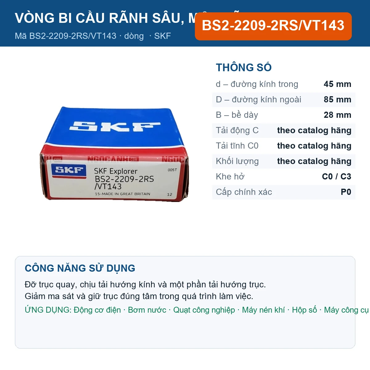 Vòng bi SKF BS2-2209-2RS/VT143 45x85x28mm — Ảnh đăng sản phẩm (web)
