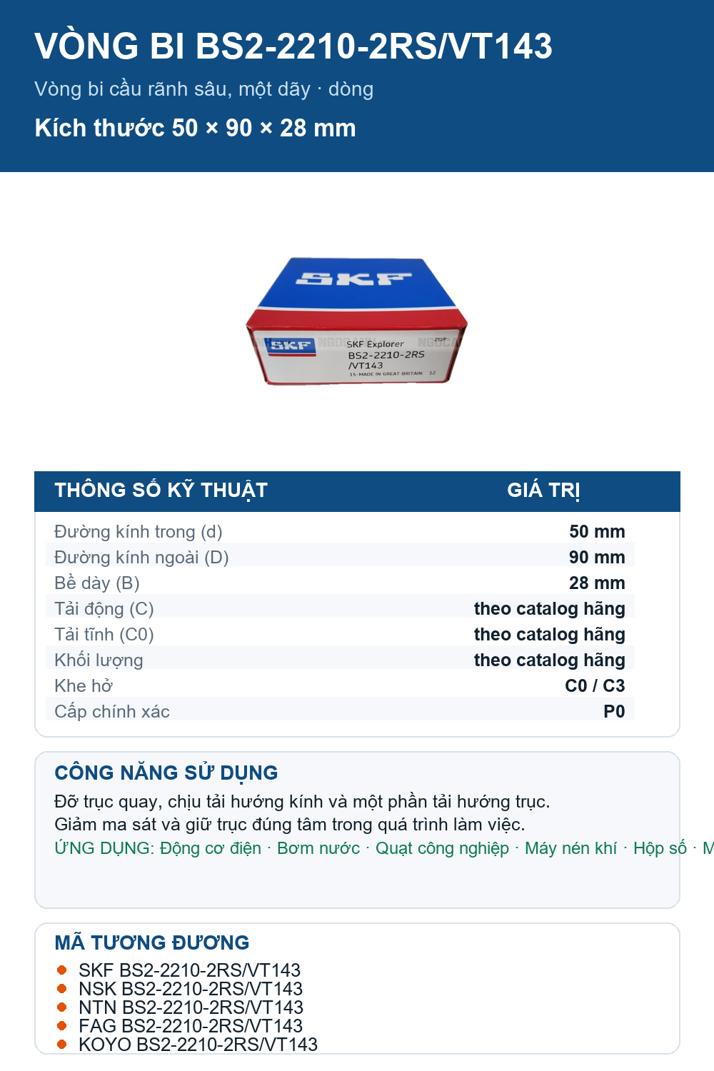 Vòng bi SKF BS2-2210-2RS/VT143 50x90x28mm — Ảnh thông số (Pinterest)