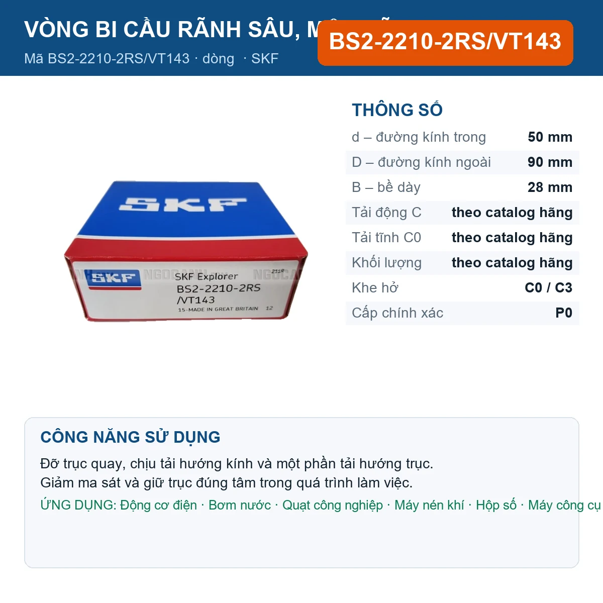 Vòng bi SKF BS2-2210-2RS/VT143 50x90x28mm — Ảnh đăng sản phẩm (web)