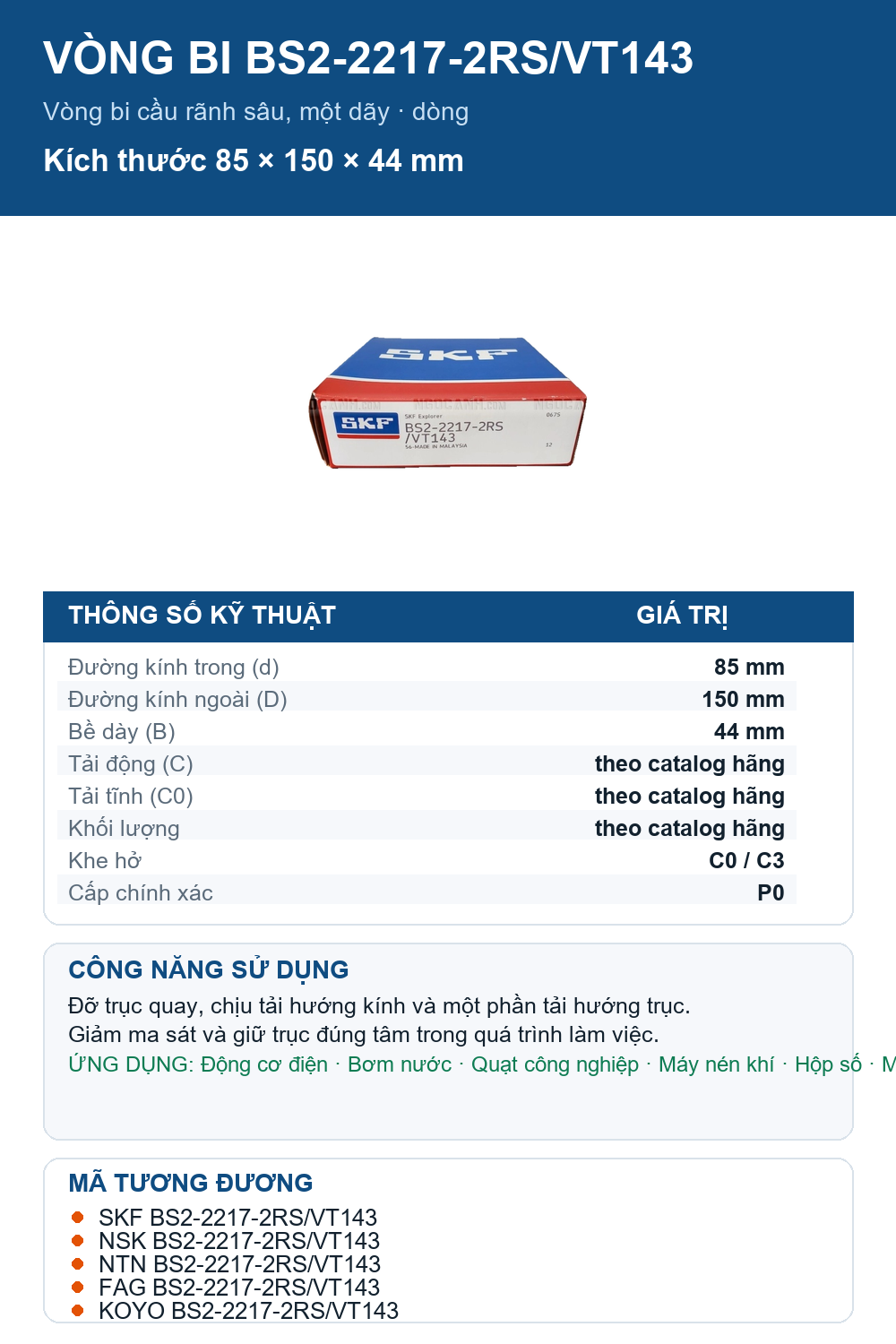 Vòng bi SKF BS2-2217-2RS/VT143 85x150x44mm — Ảnh thông số (Pinterest)