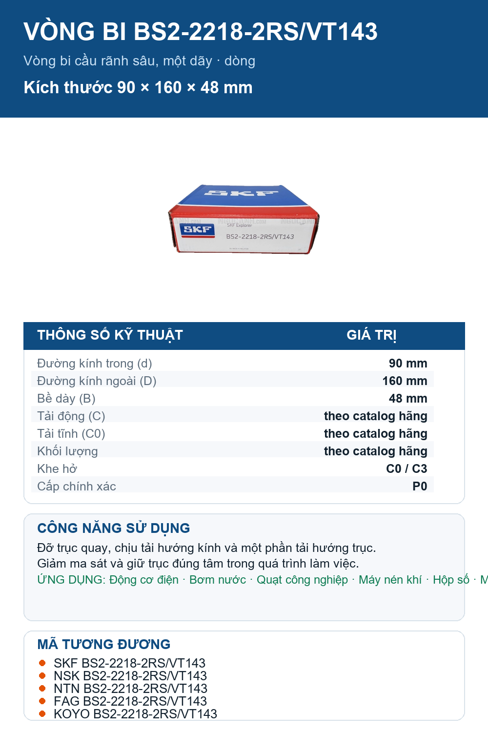 Vòng bi SKF BS2-2218-2RS/VT143 90x160x48mm — Ảnh thông số (Pinterest)