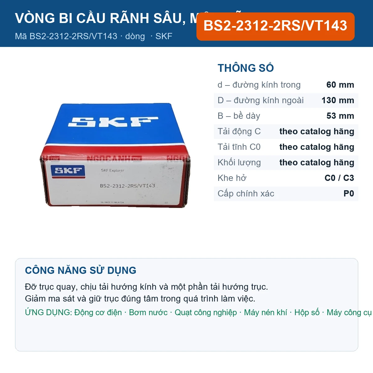 Vòng bi SKF BS2-2312-2RS/VT143 60x130x53mm — Ảnh đăng sản phẩm (web)